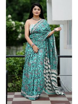 Anjaneya Sarees - Blue Designer Cotton Silk Printed Saree with Unstitched Blouse
