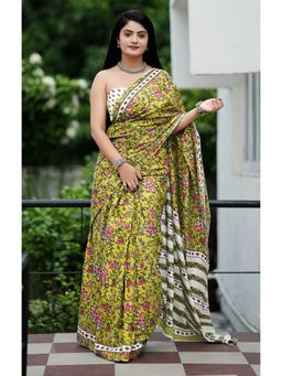 Anjaneya Sarees - Yellow Designer Cotton Silk Printed Saree with Unstitched Blouse