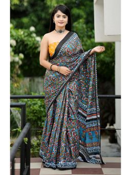 Anjaneya Sarees - Blue Designer Cotton Silk Printed Saree with Unstitched Blouse