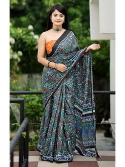 Anjaneya Sarees - Blue Designer Cotton Silk Printed Saree with Unstitched Blouse
