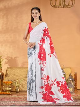Garden VARELI - Women's Red Georgette Floral Printed Saree with Unstitched Blouse