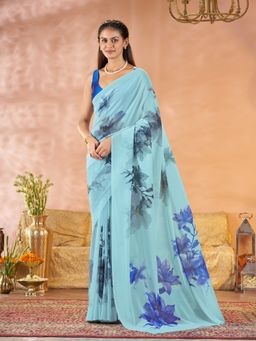 Garden VARELI - Women's Blue Georgette Floral Printed Saree with Unstitched Blouse
