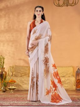 Garden VARELI - Women's Off White Floral Printed Saree with Unstitched Blouse