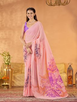Garden VARELI - Women's Peach Georgette Floral Printed Saree with Unstitched Blouse
