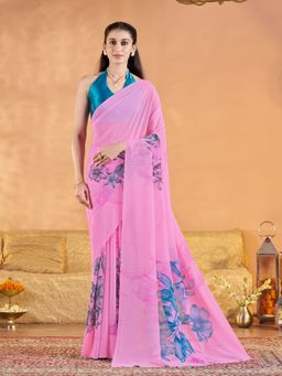 Garden VARELI - Women's Pink Georgette Floral Printed Saree with Unstitched Blouse