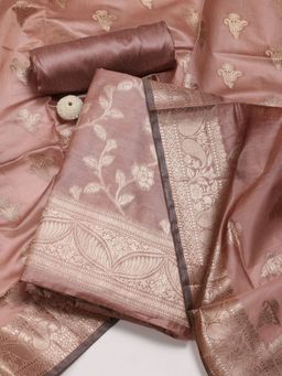 MEENA BAZAAR - Floral Woven Chanderi Taupe Unstitched Kurta with Unstitched Pant and Dupatta