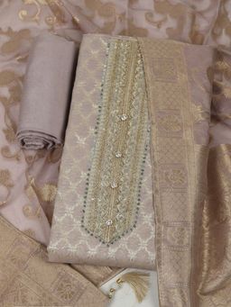 MEENA BAZAAR - Embroidered Chanderi Mauve Unstitched Kurta with Unstitched Pant and Dupatta