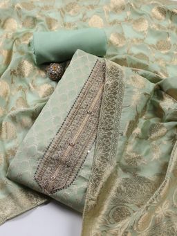 MEENA BAZAAR - Women Embroidered Chanderi Green Unstitched Kurta with Unstitched Pant and Dupatta