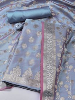 MEENA BAZAAR - Woven Chanderi Blue Unstitched Kurta with Unstitched Pant and Dupatta