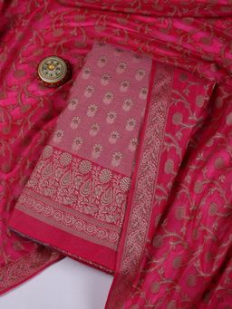 MEENA BAZAAR - Pink Floral Woven Chanderi Unstitched Kurta with Unstitched Pant and Dupatta