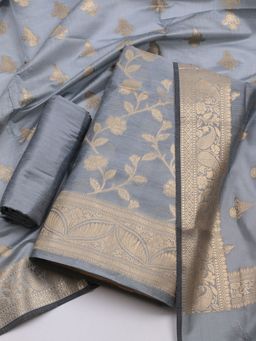 MEENA BAZAAR - Woven Chanderi Grey Unstitched Kurta with Unstitched Pant and Dupatta