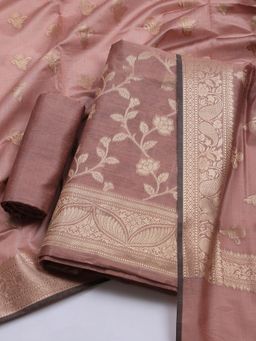 MEENA BAZAAR - Women Woven Chanderi Peach Unstitched Kurta with Unstitched Pant and Dupatta