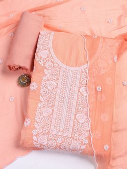 MEENA BAZAAR - Embroidered Cotton Peach Unstitched Kurta with Unstitched Pant and Dupatta