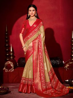 MEENA BAZAAR - Embroidered Art Silk Brown Saree Without Blouse