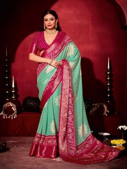 MEENA BAZAAR - Embroidered Art Silk Aqua Saree Without Blouse