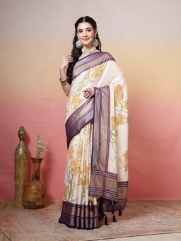 MEENA BAZAAR - Printed Georgette Purple Saree Without Blouse
