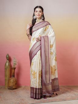 MEENA BAZAAR - Printed Georgette Wine Saree Without Blouse