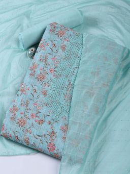 MEENA BAZAAR - Embroidered Linen Blue Unstitched Kurta with Unstitched Pant and Dupatta