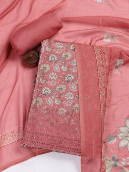 MEENA BAZAAR - Embroidered Muslin Pink Unstitched Kurta with Unstitched Pant and Dupatta