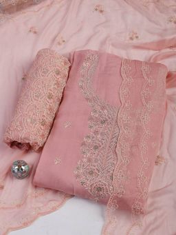 MEENA BAZAAR - Women Embroidered Pink Chanderi Unstitched Kurta with Unstitched Pant and Dupatta