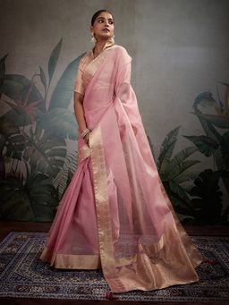 MEENA BAZAAR - Art Silk Pink Saree Without Blouse