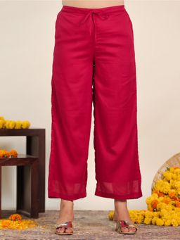 ARAMYA - Women's Red Cotton Voile Solid Palazzo