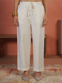 ARAMYA - Women's Off White Poly Chanderi Solid Pant