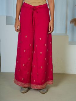 ARAMYA - Women's Dark Pink Poly Silk Solid Palazzo