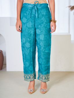 ARAMYA - Women's Blue Poly Silk Floral Print Pant