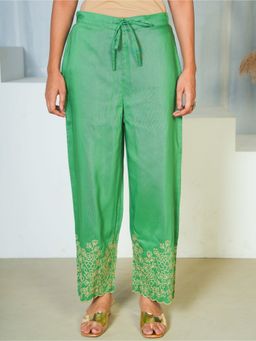 ARAMYA - Women's Green Poly Chinon Embroidered Pant
