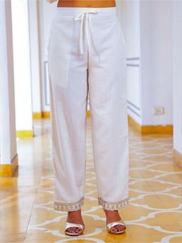 ARAMYA - Women's Off White Poly Slub Solid Pant