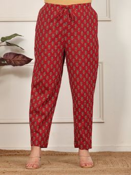 ARAMYA - Women's Red Kantha Cotton Floral Pant for Women