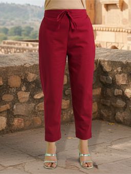 ARAMYA - Women's Maroon Linen Cotton Solid Pant