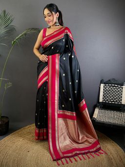 SGF11 - Women's Black Kanjivaram Pure Soft Silk Saree with Unstitched Blouse