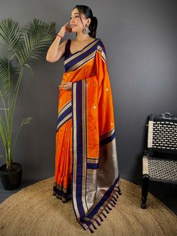 SGF11 - Women's Orange Kanjivaram Pure Soft Silk Saree with Unstitched Blouse