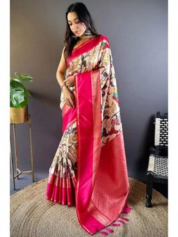 SGF11 - Women's Cream Kanjivaram Kalamkari Pure Soft Silk Saree with Unstitched Blouse