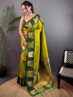 SGF11 - Women Olive Kanjivaram Pure Soft Silk Saree with Unstitched Blouse