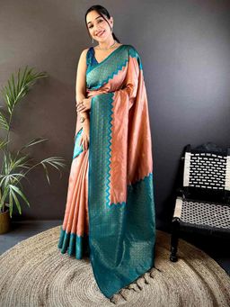 SGF11 - Women's Peach Kanjivaram Pure Soft Silk Saree with Unstitched Blouse