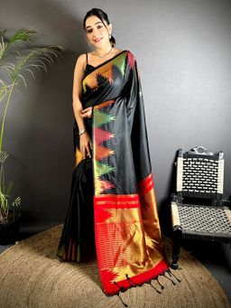 SGF11 - Women Black Kanjivaram Pure Soft Silk Saree with Unstitched Blouse