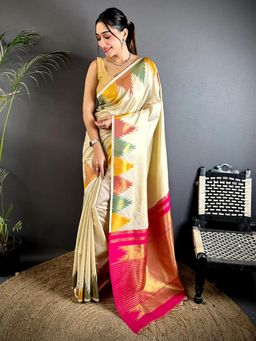 SGF11 - Cream Women's Kanjivaram Pure Soft Silk Saree with Unstitched Blouse