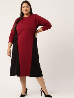theRebelinme - Plus Size Women Maroon and Black Color Block A-Line Knitted Dress