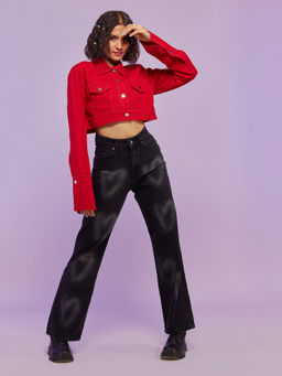 MIXT by Nykaa Fashion - Red Full Sleeves Crop Denim Jacket