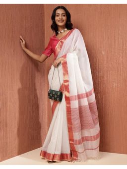 Fabindia - Natural Cotton Silk Blend Maheshwari Woven Saree - White