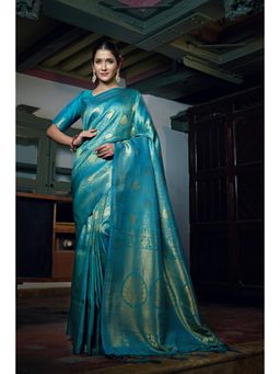 Vardha - Womens Kanchipuram Raw Silk Saree with Unstitched Blouse - Blue