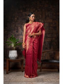Vardha - Womens Kanchipuram Raw Silk Saree with Unstitched Blouse - Red