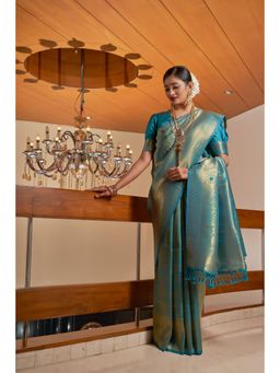 Vardha - Womens Kanchipuram Raw Silk Saree with Unstitched Blouse - Blue