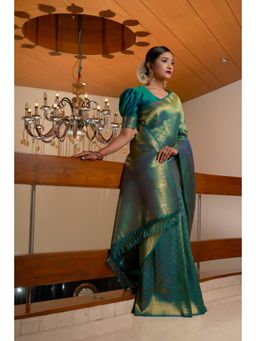 Vardha - Womens Kanchipuram Raw Silk Saree with Unstitched Blouse - Green
