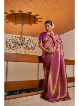 Vardha - Womens Kanchipuram Raw Silk Saree with Unstitched Blouse - Purple