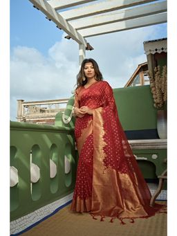 Vardha - Womens Organza Art Silk Saree with Unstitched Blouse - Red