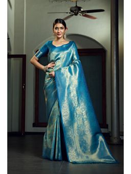 Vardha - Womens Kanchipuram Art Silk Saree with Unstitched Blouse - Blue
